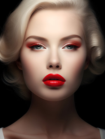 Close up view of beautiful woman lips with red lipstick. Fashion make up. Cosmetology or fashion makeup concept. Generative AIの素材