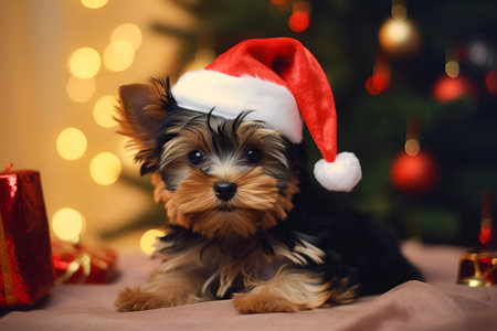 Puppy Yorkshire Terrier in the Christmas hat. Gifts and Christmas tree in background. Happy New Year, Christmas, holidays concept.の素材