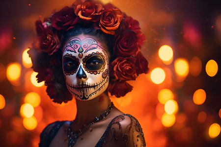 Close-up portrait of young woman with sugar skull make up, flowers and colorful traditional Mexican dress. Holy Death - Santa Muerteの素材