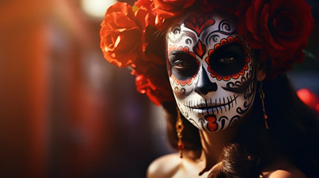 Portrait of a girl with sugar skull makeup, Calavera Catrina. Dia de los muertos. Day of the Dead. Halloweenの素材