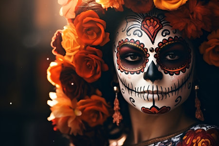 Woman with  colorful skull mask and paper flowers for Dia de Los Muertos/Day of the Deadの素材