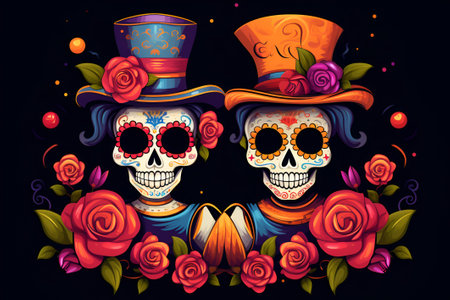 Day of The Dead with smiling sugar skulls couple, surrounded by colorful flowers. Halloween poster background, greeting card or t-shirt designの素材