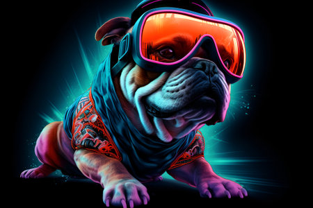 Happy skateboard dog in a protective helmet and glasses on black backgroundの素材