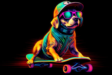 Happy skateboard dog with cap and sunglasses balancing on skateboard, isolated on black backgroundの素材