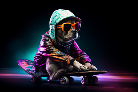 Happy skateboarding dog in jacket and sunglasses balancing on skateboard on black background. A.I.の素材