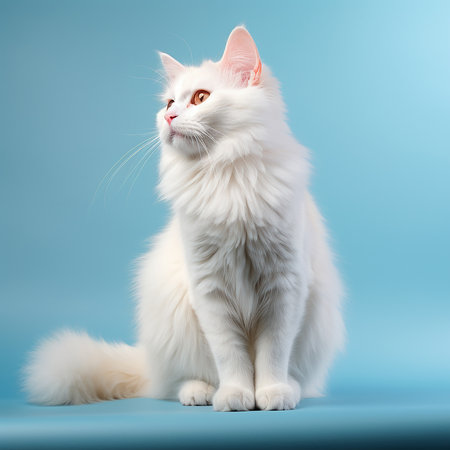 Turkish white angora. Van cat with yellow eyes on the blue background. Adorable domestic pets. Pet care conceptの素材