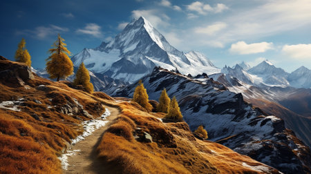 Panoramic view of high mountain range in a colorful autumn with green yellow meadows and rocky mountain peaksの素材