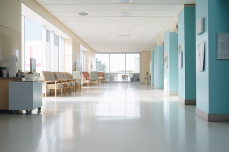 Empty modern hospital corridor, clinic hallway interior background with chairs for patients waiting for doctor visit. Contemporary waiting room in medical office. Healthcare services conceptの素材
