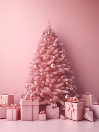 Christmas and New Year greeting card concept. Original Christmas tree on light pink background. Christmas, New Year concept. Minimal New Year concept. Copy space. A.I.の素材