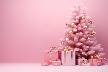 Christmas and New Year greeting card concept. Original Christmas tree on light pink background. Christmas, New Year concept. Minimal New Year concept. Copy space. A.I.の素材
