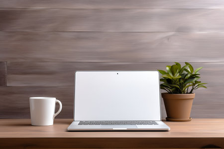 Modern computer, laptop with blank screen on table, copy spaceの素材