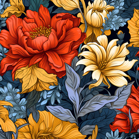 Watercolor floral pattern - red and yellow blush flowers elements, green leaves branches on black background. For wrappers, wallpapers, postcards, greeting cards, wedding invites, romantic eventsの素材