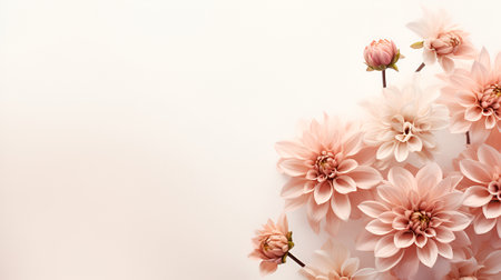 Banner with dahlia flowers scattered on a pastel background. Floral concept with copy space.の素材