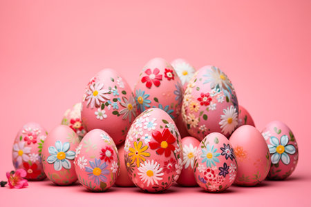 Easter eggs on pink background with copy spaceの素材