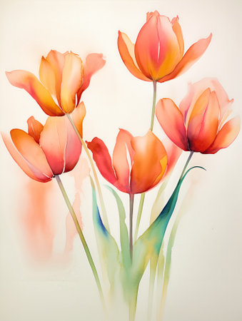 Botanical illustration of a tulip. Tulip in watercolor, floral element on white backgroundの素材