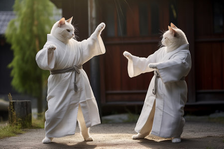 Two cats wearing human tunics, playing tai chi in a courtyard, standing like peopleの素材