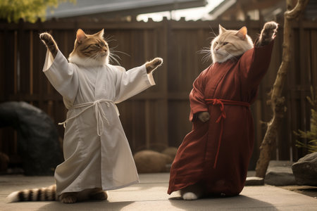 Funny cats in white kimono exercising yoga or Asian martial arts. Legs wide stance, paws in the airの素材
