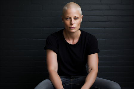 A shaved 40-45 year old white lesbian wearing a black t-shirt, in the style of androgynousの素材