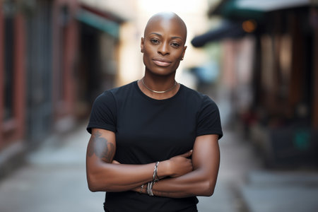 Black lesbian wearing a black t-shirt mockupの素材