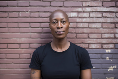 A shaved 40-45 year old black lesbian wearing a black t shirt, in the style of androgynous, lgbt prideの素材
