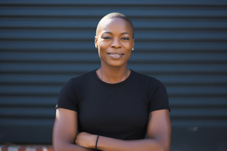 A shaved 40-45 year old black lesbian wearing a black t-shirt, lgbt prideの素材
