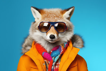 Studio portrait of a funky anthropomorphic arctic fox snowboarder wearing a colorful suit jacket on a seamless blue backgroundの素材