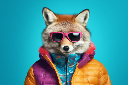 Studio portrait of a funky anthropomorphic arctic fox snowboarder wearing a colorful suit jacket on a seamless blue backgroundの素材