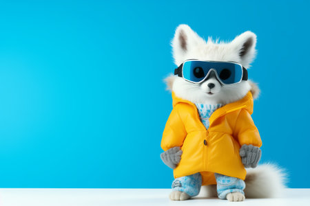 Studio portrait of an awesome anthropomorphic White Arctic fox snowboarder in a bright jacket with ski goggles and snowboard on a blue background, a place for textの素材