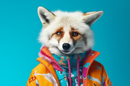 Studio portrait of a funky anthropomorphic arctic fox snowboarder wearing a colorful suit jacket on a seamless blue background, copy space for textの素材