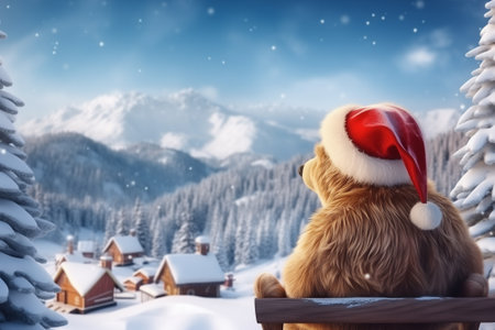 Snowy frosty winter nature. A toy bear in a Santa Claus hat is sitting on a bench a view from the back, against the background of a winter landscape and on the background of winter snow-capped mountains. Winter family holidays and winter outdoor activities. Celebrating Christmas and New Yearの素材