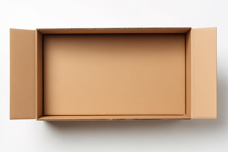 Open empty rectangular cardboard box on white background. Mockup for design and advertising. Brown craft paper or cardboard box mock up. Top viewの素材