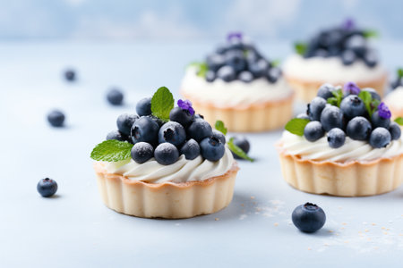 Vanilla tartlets with blueberry berries on light backgroundの素材