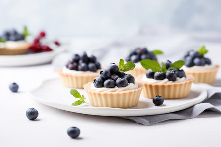 Vanilla tartlets with blueberry berries on light backgroundの素材