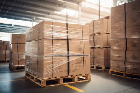 Packaging boxes stacked on pallets in storage warehouseの素材
