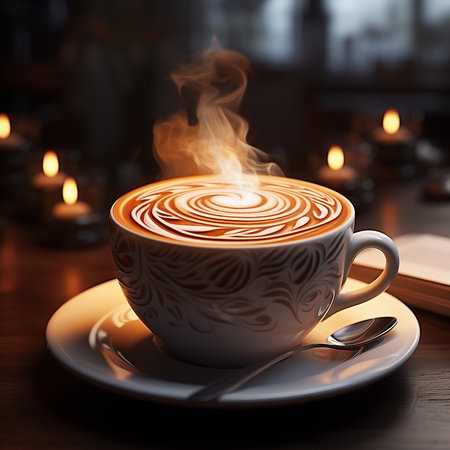 A mug of hot milk coffee stands on a wooden table with a woolen blanket in a cozy living room. Cozy winter dayの素材