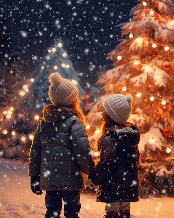 Little girl and boy near the Christmas tree, holidays outdoors. Space for textの素材