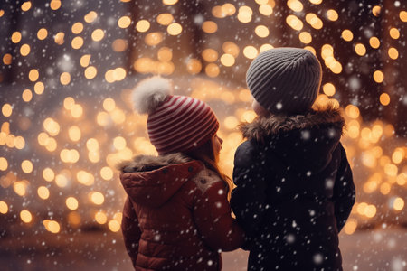 Little girl and boy near the Christmas tree, holidays outdoorsの素材