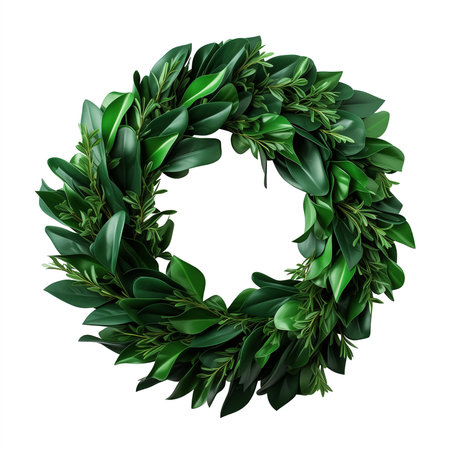 Traditional green Christmas wreath on a white background. Merry Christmas and a Happy New Year concept, greeting cardの素材