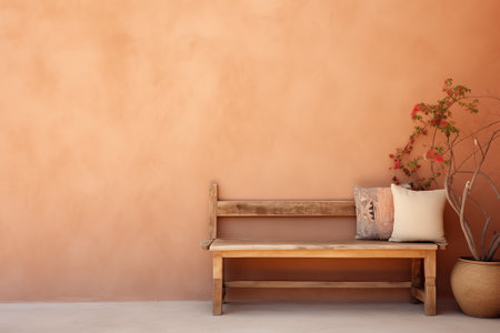 Rustic wood bench against peach stucco wall with copy spaceの素材