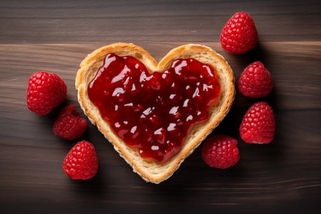 Heart shaped jam with fresh toast on the wooden backgroundの素材