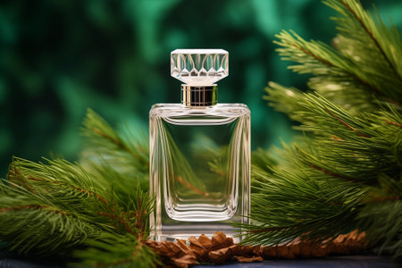 Cosmetic product, perfume in a glass bottle with a fresh aroma lies on the green leaves of fir trees. Fragrance for women and men. Perfume spray. Modern luxury parfum de toilette. The idea of gifts for Christmasの素材