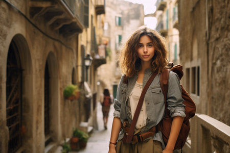 Traveler girl in street of old town in Girona. Young backpacker tourist in solo travel. Vacation, holiday, tripの素材