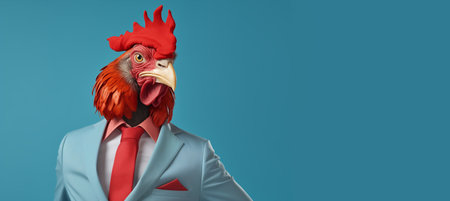 Studio portrait of a funky anthropomorphic rooster in a blue suit jacket on a seamless blue background. Space for textの素材