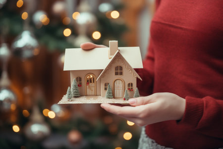 Woman holding a craft gift envelope eve festal day at decorated christmas homeの素材