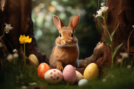 Easter - cute bunny in garden with decorated eggsの素材