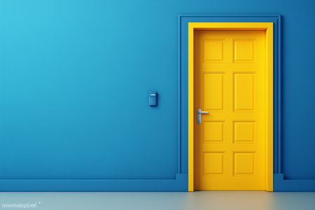Yellow door on a blue background, abstract outdoorの素材