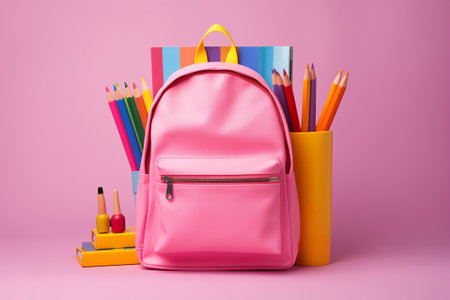 School backpack with stationery supplies on pink backgroundの素材
