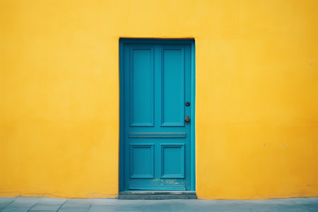 Blue door on a yellow background, abstract outdoor interiorの素材