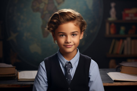 Schoolboy 10 years old, cute, pretty, smiling, looking at camera. Back to school concept, with a school book shelves in the backgroundの素材