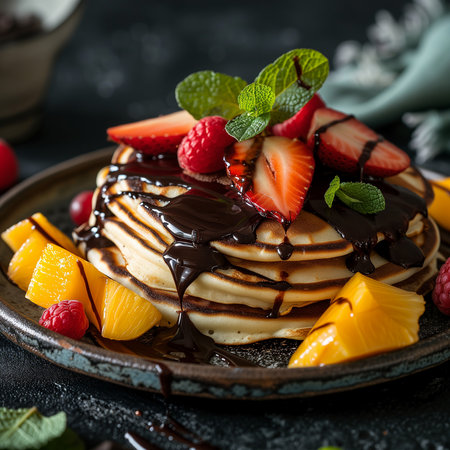 Pancakes with chocolate syrup and pieces of fresh fruit with mint leaves. Shrove Tuesday. Family Breakfast. Food: brunch, dessert, snacksの素材